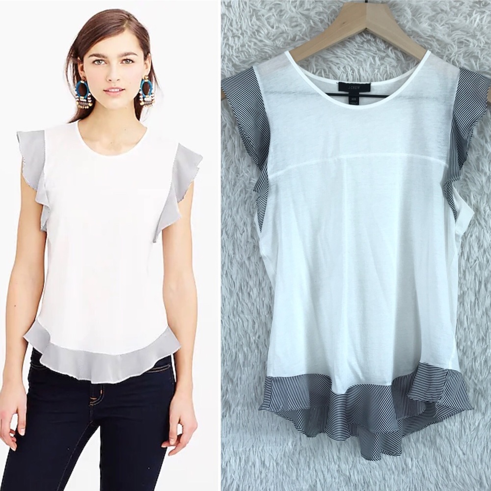 J. Crew White Blouse with Gray Ruffle Trim